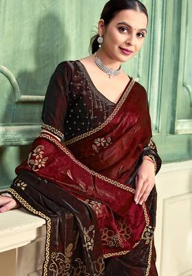 Maroon half n half fendy two tone satin silk saree for women 2