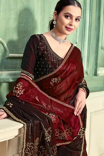 Maroon half n half fendy two tone satin silk saree for women