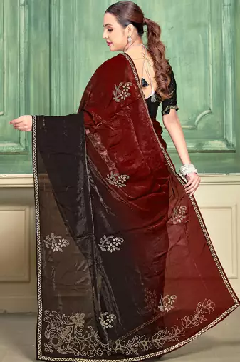 Maroon half n half fendy two tone satin silk saree for women
