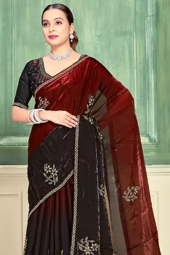 Maroon half n half fendy two tone satin silk saree for women