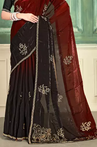 Maroon half n half fendy two tone satin silk saree for women