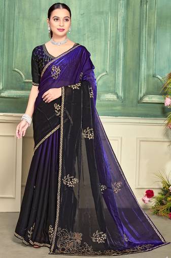 Purple half n half fendy two tone satin silk saree for women