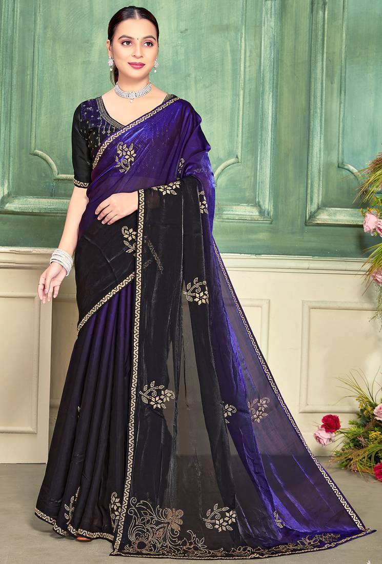 Purple half n half fendy two tone satin silk saree for women