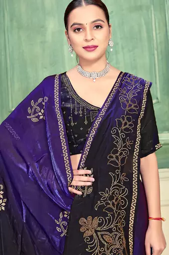Purple half n half fendy two tone satin silk saree for women