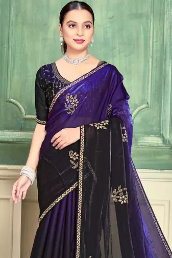 Purple half n half fendy two tone satin silk saree for women