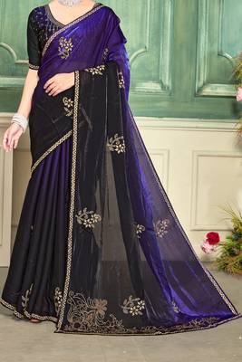 Purple half n half fendy two tone satin silk saree for women 5