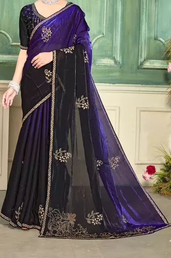 Purple half n half fendy two tone satin silk saree for women