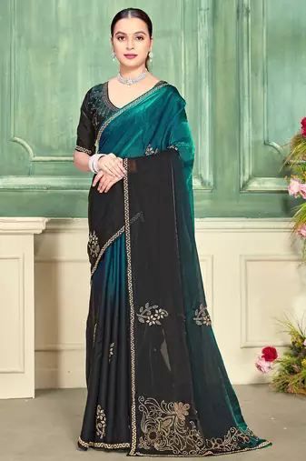 Teal half n half fendy two tone satin silk saree for women