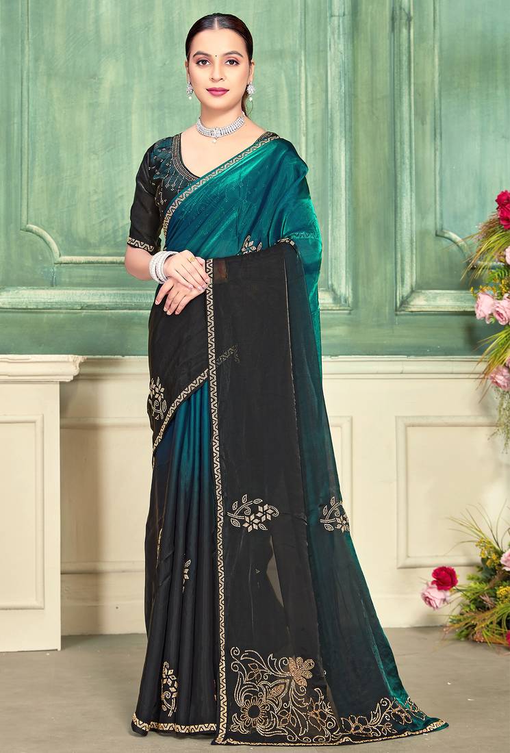 Teal half n half fendy two tone satin silk saree for women