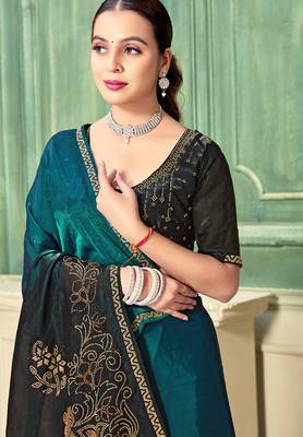 Teal half n half fendy two tone satin silk saree for women 2