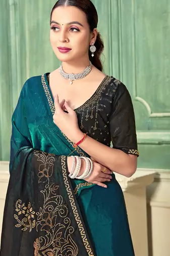Teal half n half fendy two tone satin silk saree for women