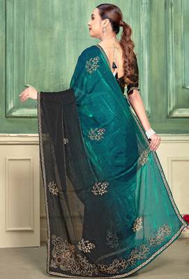 Teal half n half fendy two tone satin silk saree for women 3