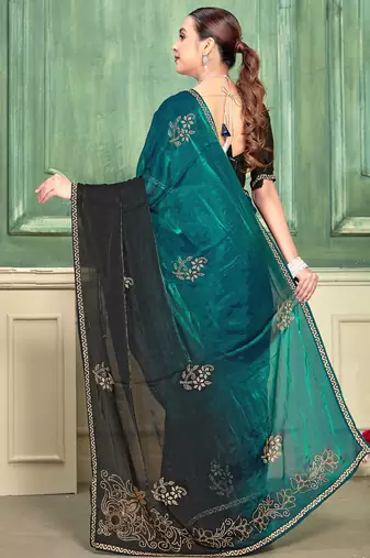 Teal half n half fendy two tone satin silk saree for women