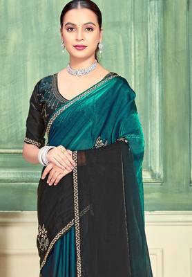 Teal half n half fendy two tone satin silk saree for women 4