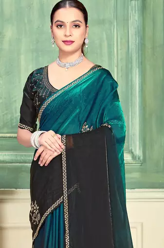 Teal half n half fendy two tone satin silk saree for women