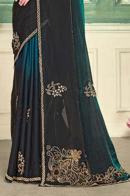 Teal half n half fendy two tone satin silk saree for women 5