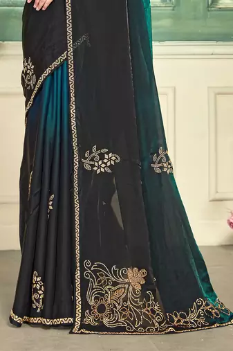 Teal half n half fendy two tone satin silk saree for women