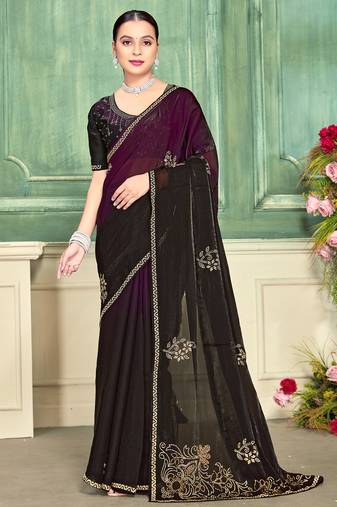 Wine half n half fendy two tone satin silk saree for women