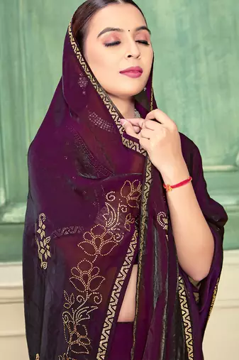 Wine half n half fendy two tone satin silk saree for women