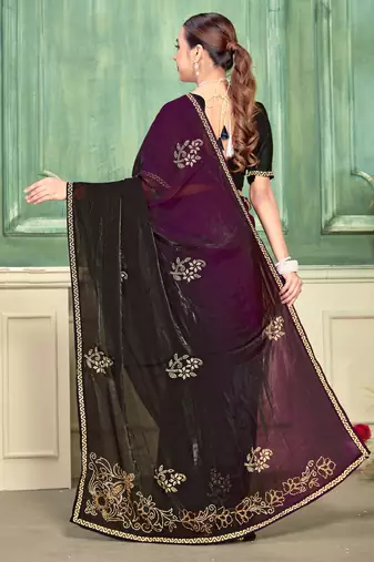 Wine half n half fendy two tone satin silk saree for women