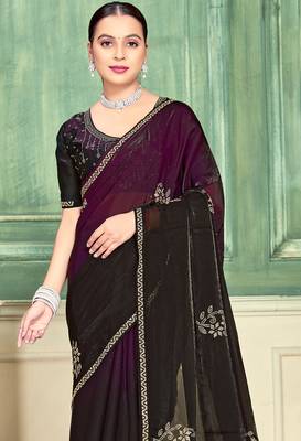 Wine half n half fendy two tone satin silk saree for women 4