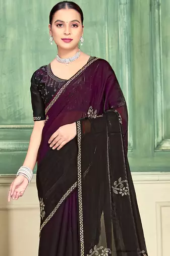 Wine half n half fendy two tone satin silk saree for women