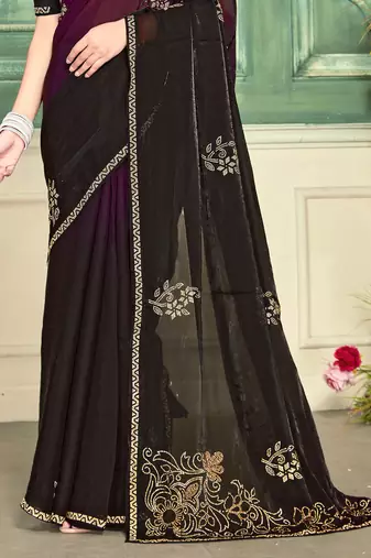 Wine half n half fendy two tone satin silk saree for women