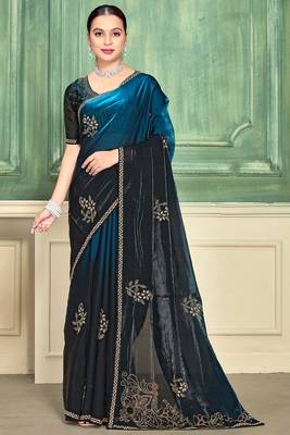 Teal blue half n half fendy two tone satin silk saree for women 1