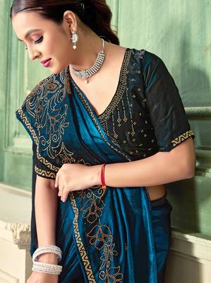Teal blue half n half fendy two tone satin silk saree for women 2
