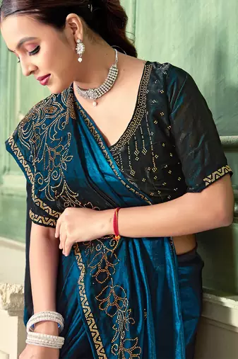 Teal blue half n half fendy two tone satin silk saree for women