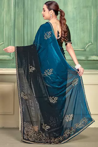 Teal blue half n half fendy two tone satin silk saree for women