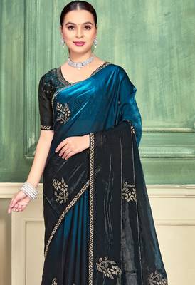 Teal blue half n half fendy two tone satin silk saree for women 4