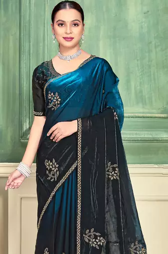 Teal blue half n half fendy two tone satin silk saree for women
