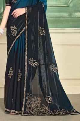 Teal blue half n half fendy two tone satin silk saree for women 5