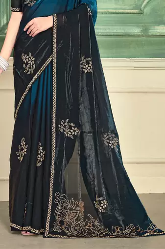 Teal blue half n half fendy two tone satin silk saree for women