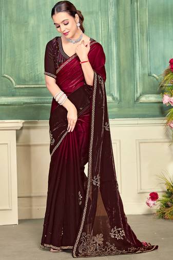 Magenta half n half fendy two tone satin silk saree for women