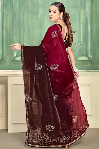 Magenta half n half fendy two tone satin silk saree for women