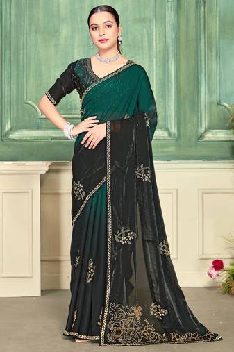 Green half n half fendy two tone satin silk saree for women