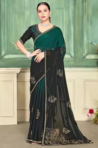 Green half n half fendy two tone satin silk saree for women