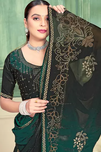 Green half n half fendy two tone satin silk saree for women