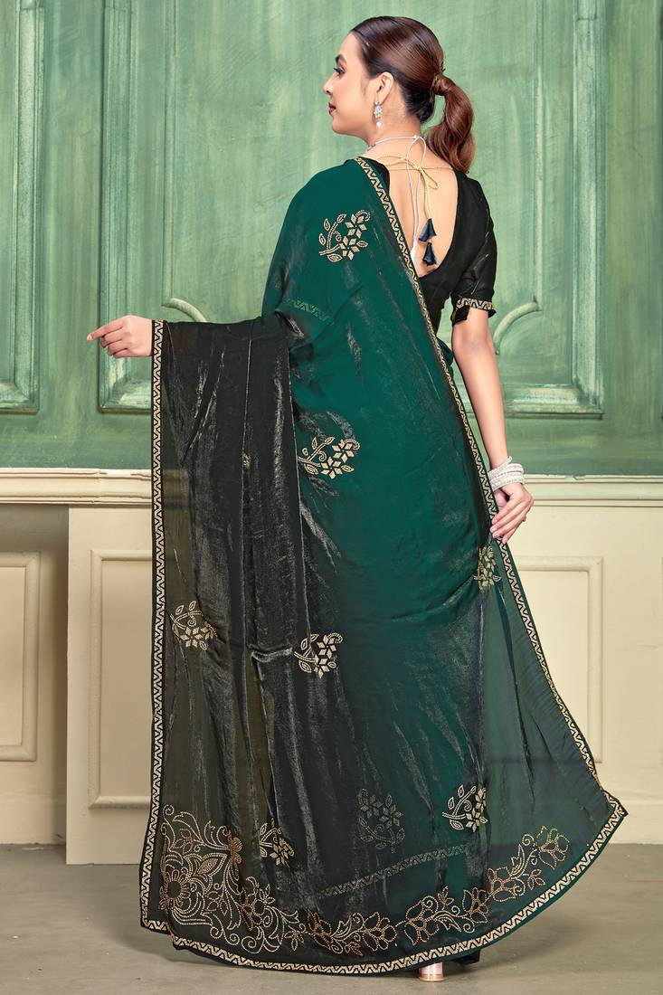 Green half n half fendy two tone satin silk saree for women