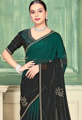 Green half n half fendy two tone satin silk saree for women 4