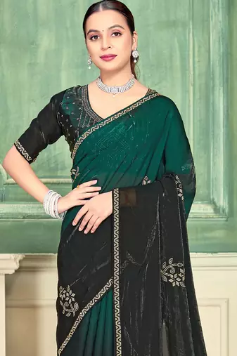 Green half n half fendy two tone satin silk saree for women