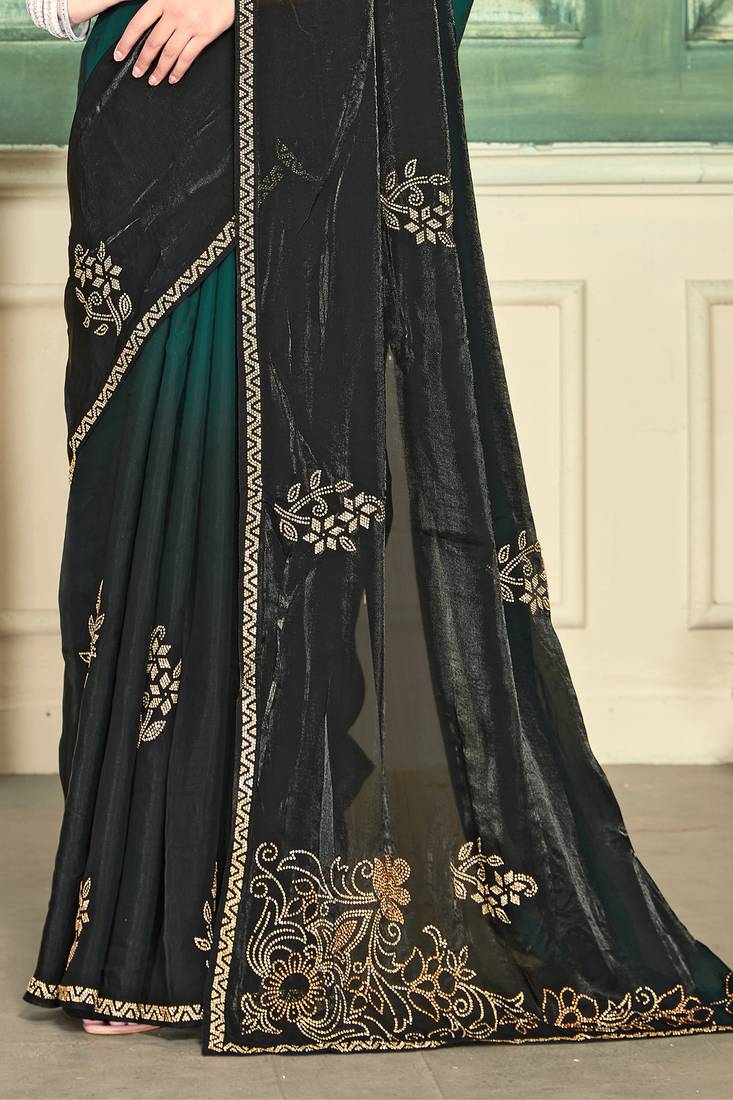 Green half n half fendy two tone satin silk saree for women