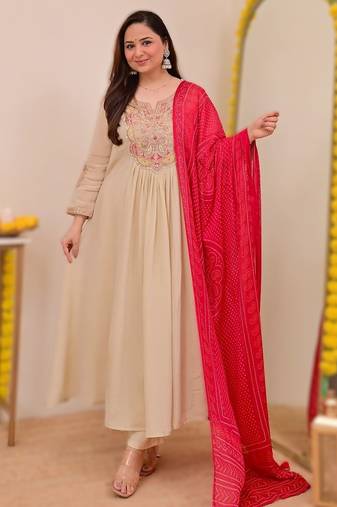 chikuu silk chinnon embroidered kurti set with pure silk dupatta