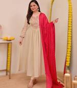 chikuu silk chinnon embroidered kurti set with pure silk dupatta