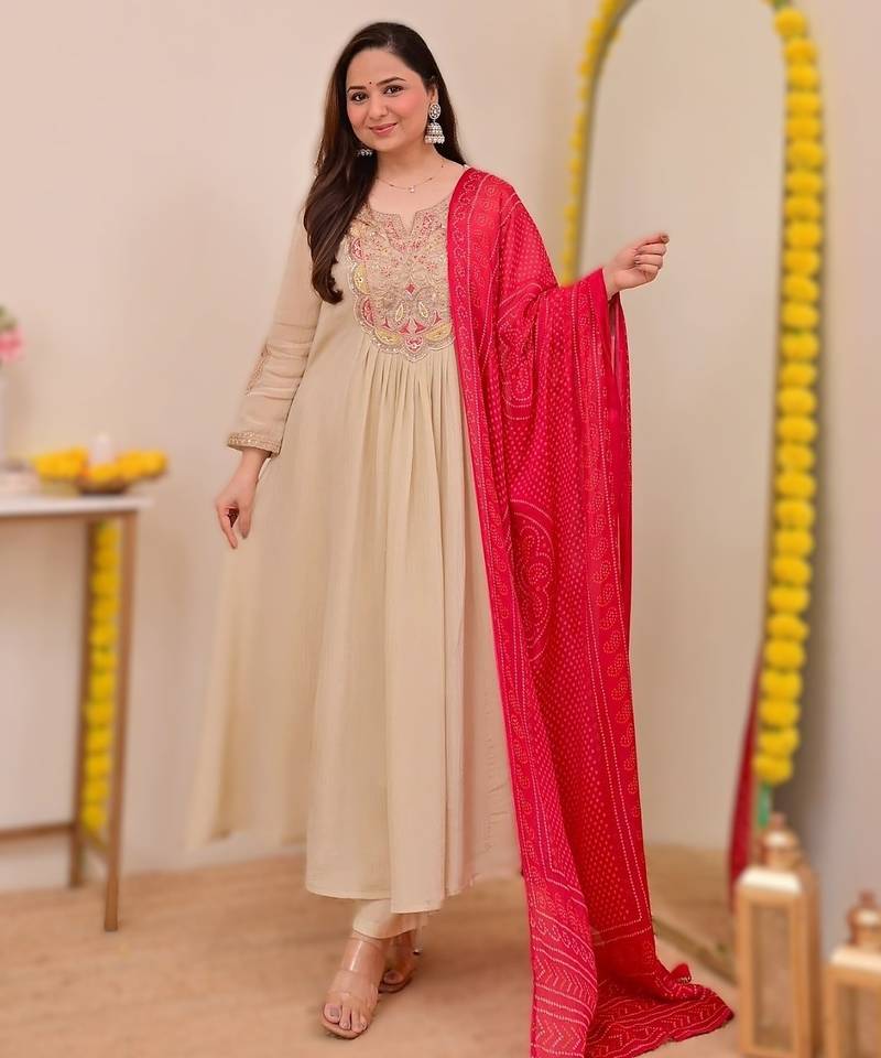 chikuu silk chinnon embroidered kurti set with pure silk dupatta