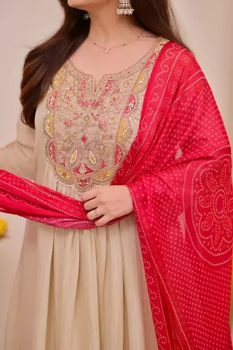 chikuu silk chinnon embroidered kurti set with silk dupatta