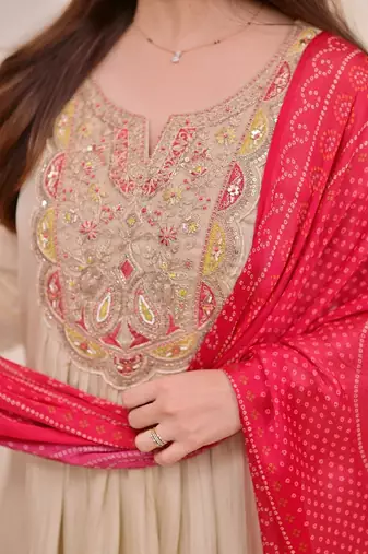 chikuu silk chinnon embroidered kurti set with silk dupatta