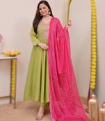 green silk chinnon embroidered kurti set with pure silk dupatta